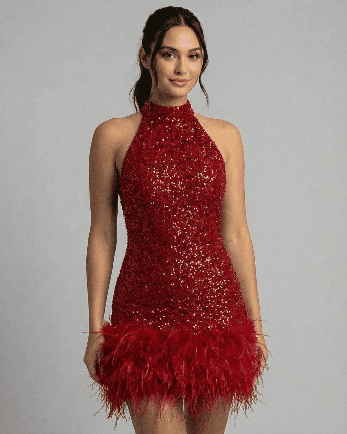 Crimson Mini Dress by Lauven - Red Sequin Halter Bodycon with Fuzzy Hem, vibrant shine and stylish silhouette.