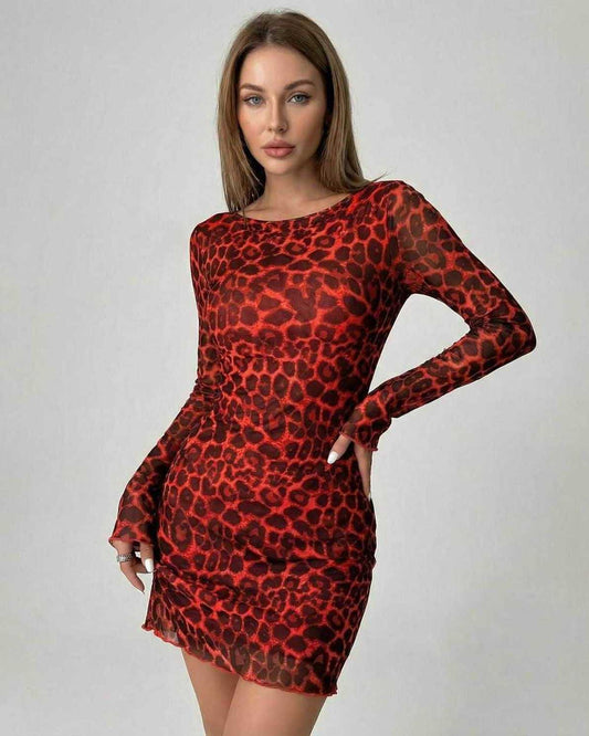 Crimson Mini Dress by Lauven featuring a vibrant red leopard print and open back design.