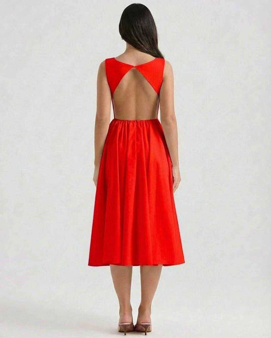 Crimsona Midi Dress by Lauven, elegant A-line midi featuring an open back detail and flattering silhouette.