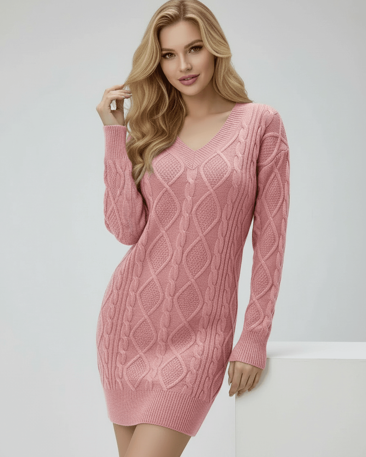 Dahlia Mini Dress by Lauven in soft pink, featuring ribbed texture and V-neck collar, perfect for casual elegance.