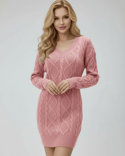Dahlia Mini Dress by Lauven in soft pink, featuring a V-neck collar and cozy cable-knit design.