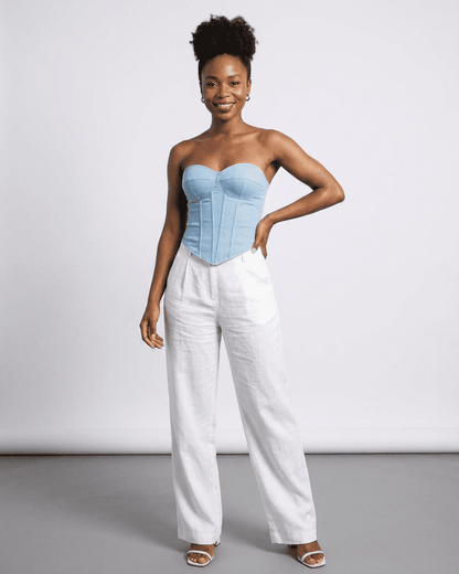 Denali Corset Top by Lauven - Faux denim cup bustier featuring a structured slim design and sleeveless style.