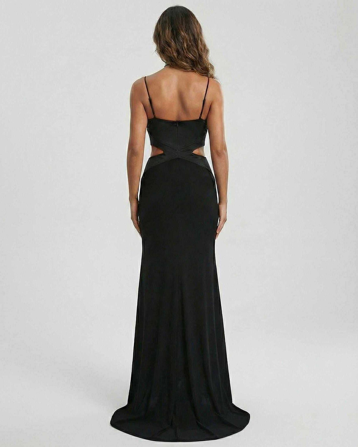 Eclipse Maxi Dress by Lauven, featuring a sleek back view with cutout accents and elegant silhouette.