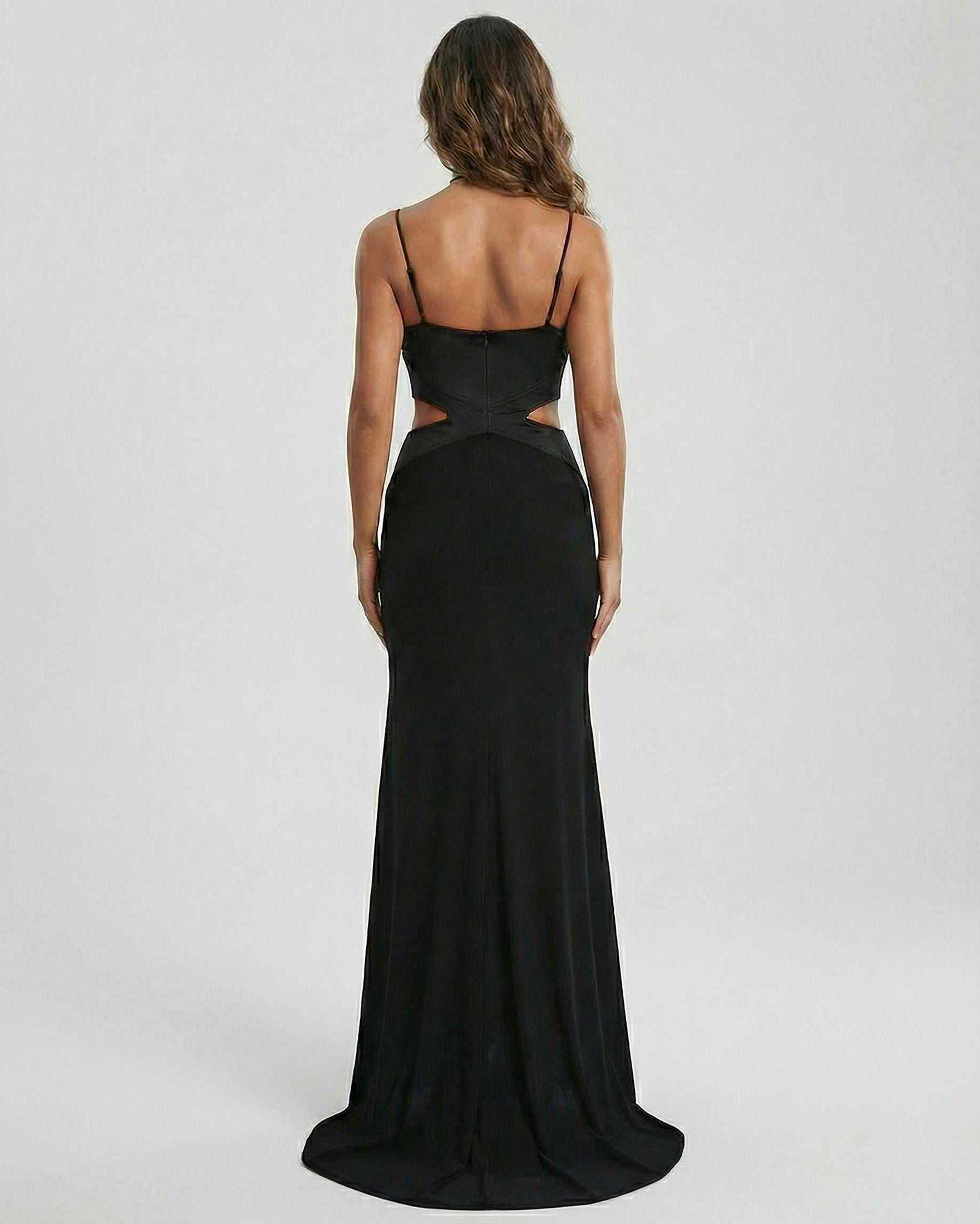 Eclipse Maxi Dress by Lauven, featuring a sleek back view with cutout accents and elegant silhouette.