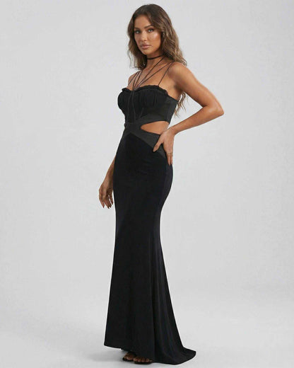 Eclipse Maxi Dress by Lauven featuring a black strapless cutout design and sleek silhouette.