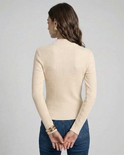 Ecru Pullover by Lauven - Women's rib-knit long sleeve pullover in soft ecru, showcasing a minimalist design.
