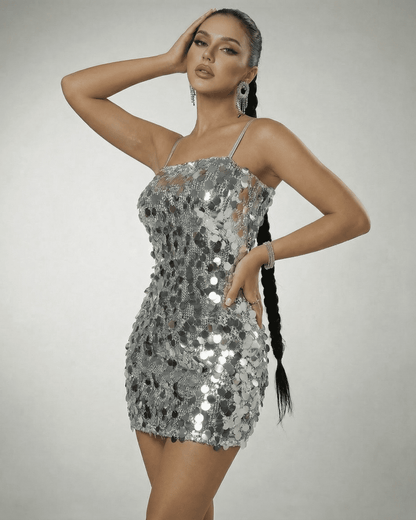 Eestella Mini Dress by Lauven, silver sequin off-the-shoulder mini dress with high waist, showcasing a modern silhouette.