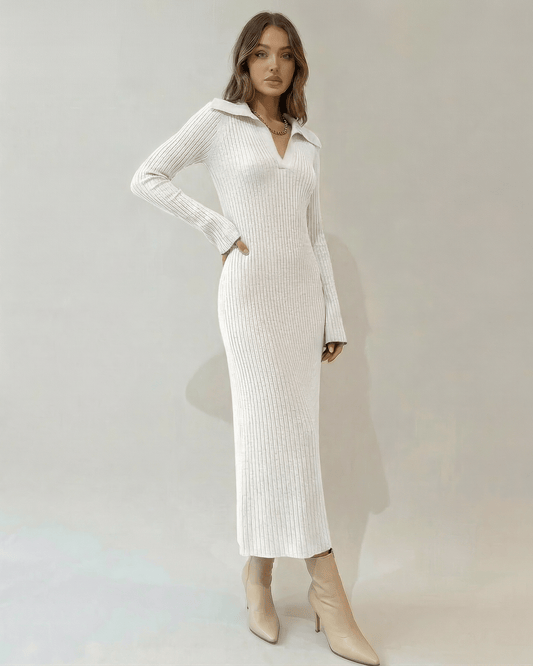 Eira Midi Dress by Lauven in soft ribbed knit with a V-neck and A-line silhouette, showcasing modern elegance.