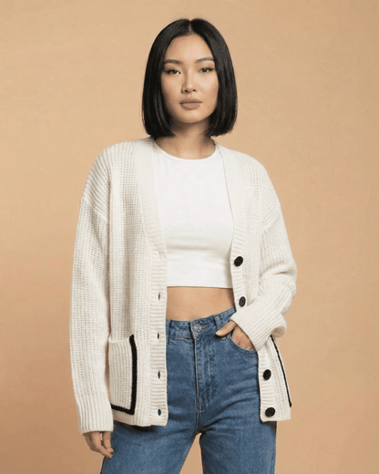 Elara Cardigan by Lauven, loose fit V-neck color block knit sweater, ideal for effortless everyday layering.