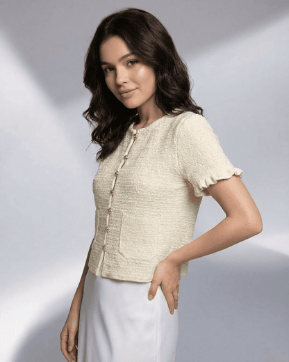 Elara Cardigan by Lauven, short sleeve button knitwear with clean silhouette and subtle texture, perfect for warm-weather layering.