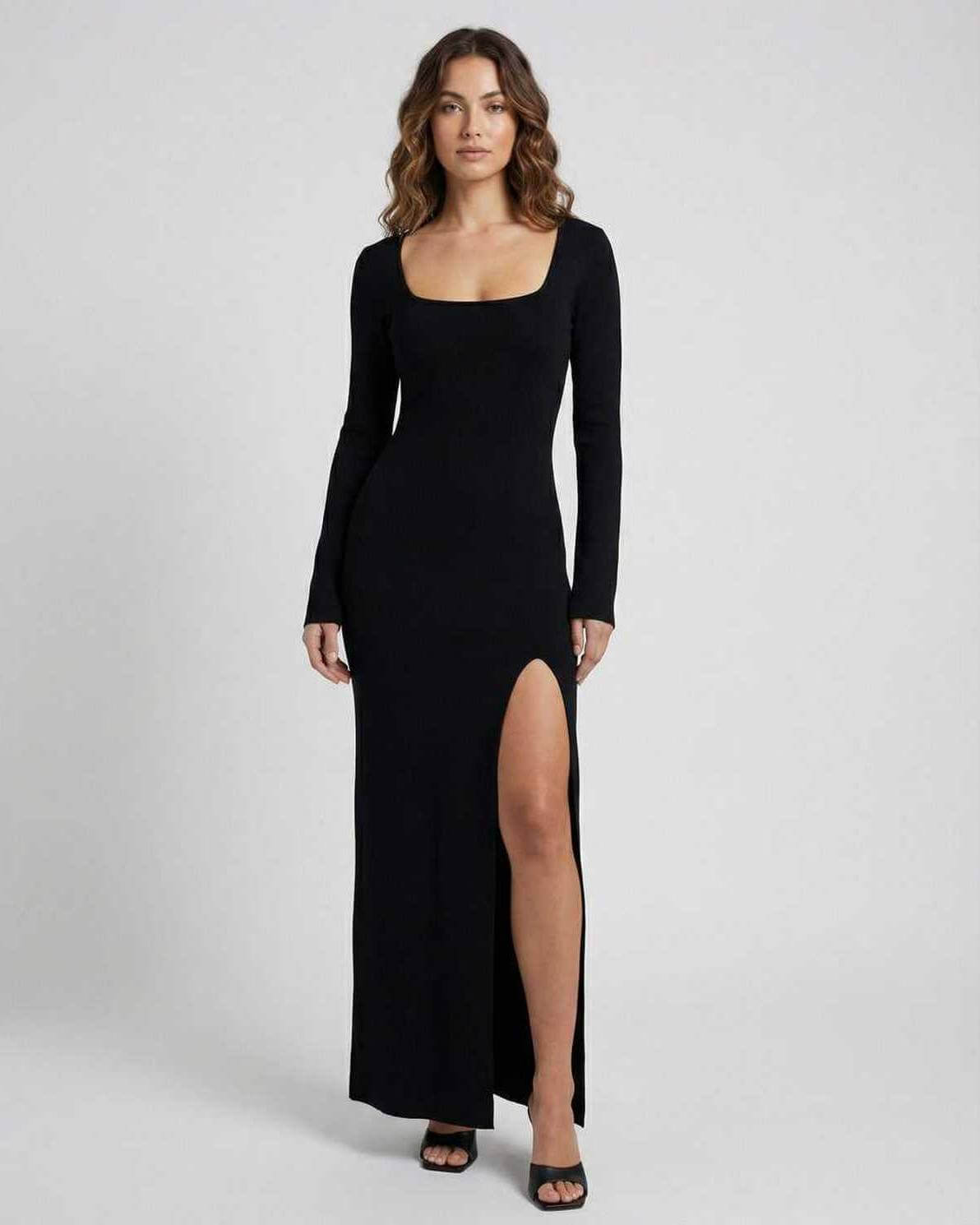 Elara Maxi Dress by Lauven - Black long sleeve dress with side slit and slim fit, perfect for casual elegance.