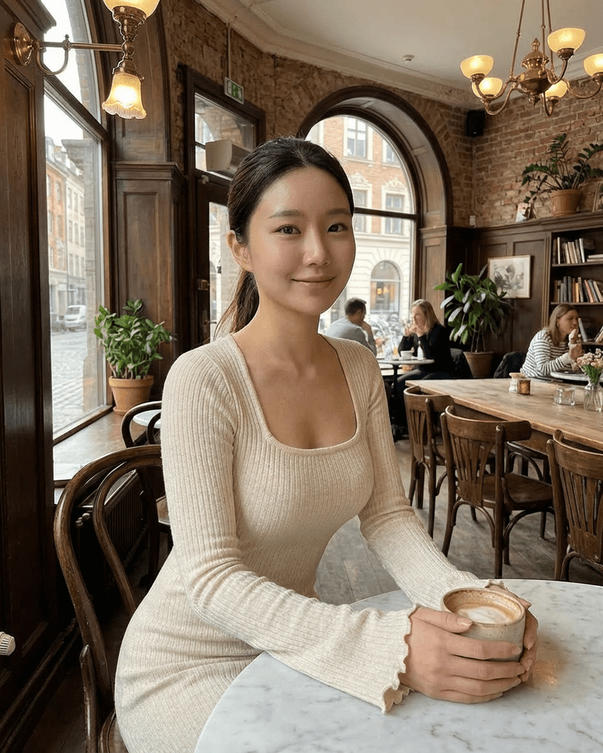 Elara Maxi Dress by Lauven, a ribbed knit dress with square neckline and long sleeves, styled in a café setting.