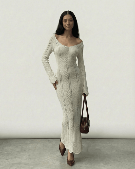 Elara Maxi Dress by Lauven, ribbed bodycon silhouette with long flare sleeves, elegant and stylish.