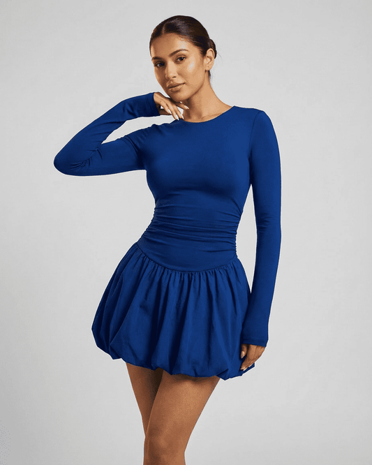Lauven Elara Mini Blue long sleeve tiered mini dress perfectly fitting and stylish design.