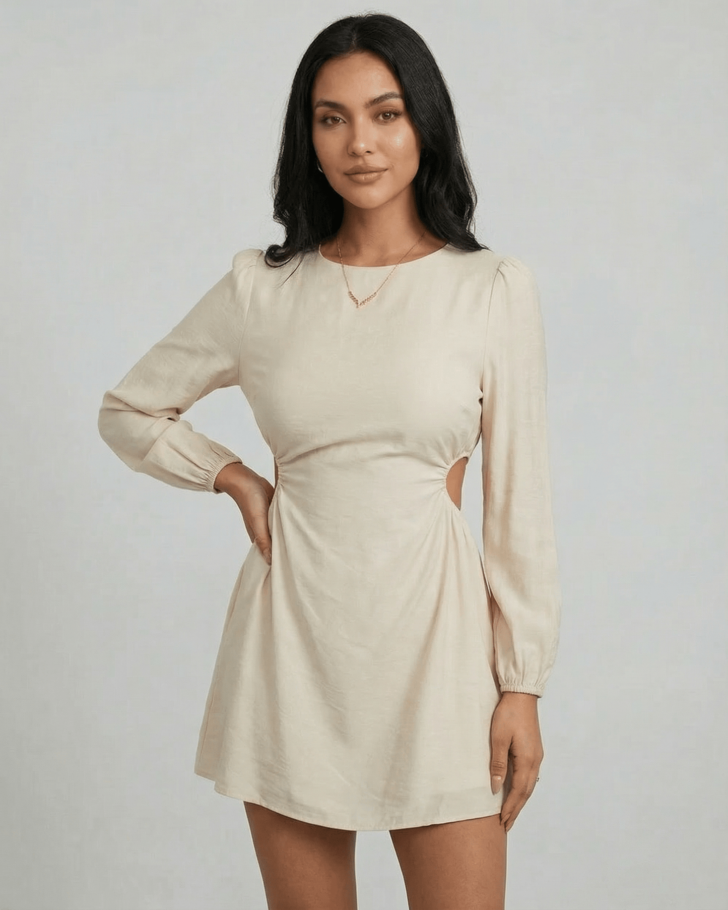 Elara Mini Dress by Lauven - Long Sleeve A-Line with Cut-Out Detail in Beige
