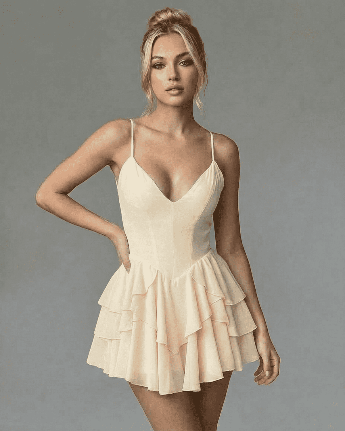 Elara Mini Dress by Lauven - V-Neck Bodycon Mini Dress with Ruffle Skirt, perfect for stylish occasions.