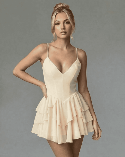 Elara Mini Dress by Lauven - V-Neck Bodycon Mini Dress with Ruffle Skirt, perfect for stylish occasions.