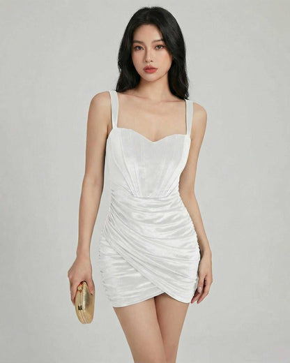 Elara Mini Dress by Lauven – White Velvet Bodycon Mini Dress with Sculpted Seams