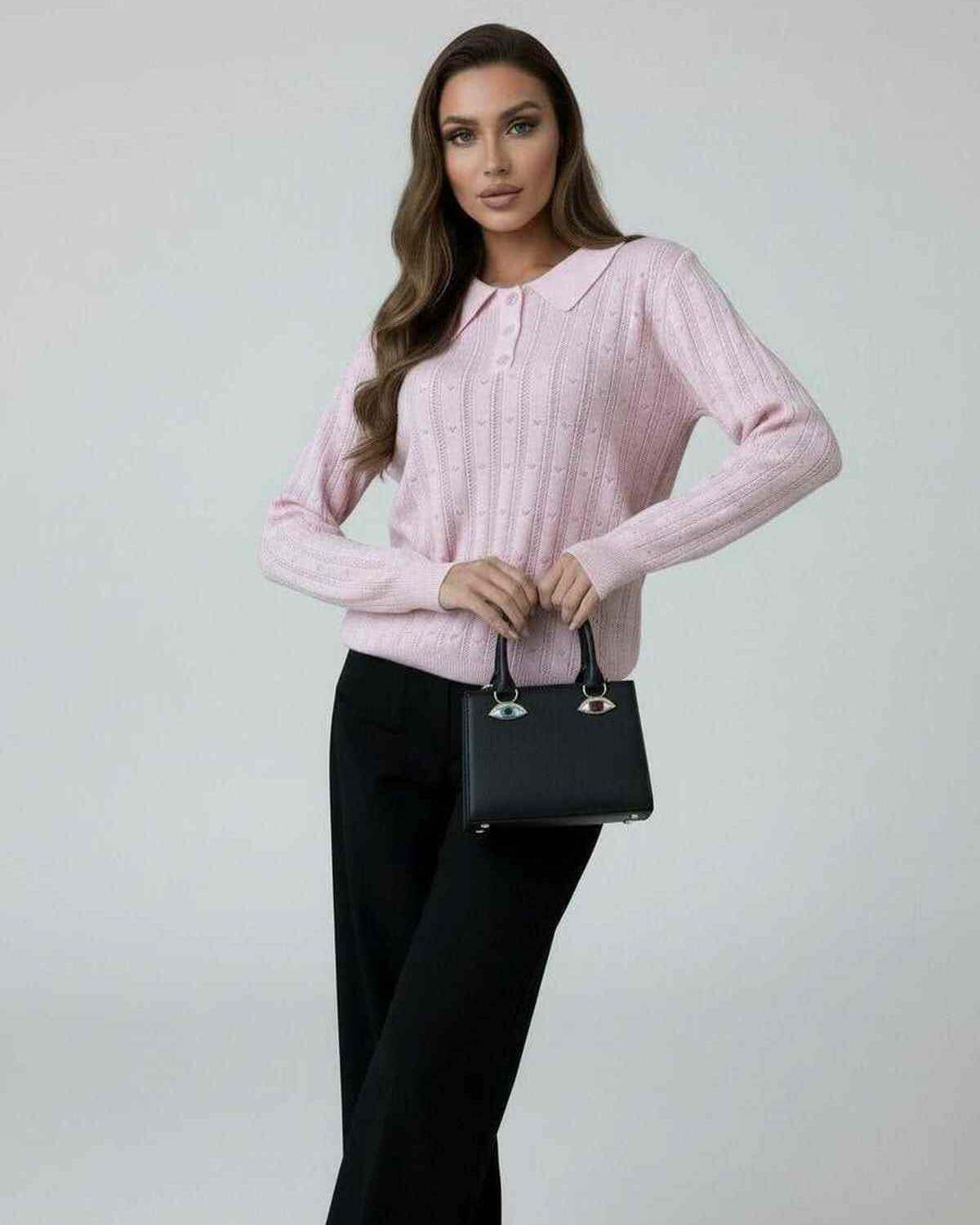 Elara Sweater by Lauven - Women’s pink collared knit sweater with long sleeves and stylish texture.