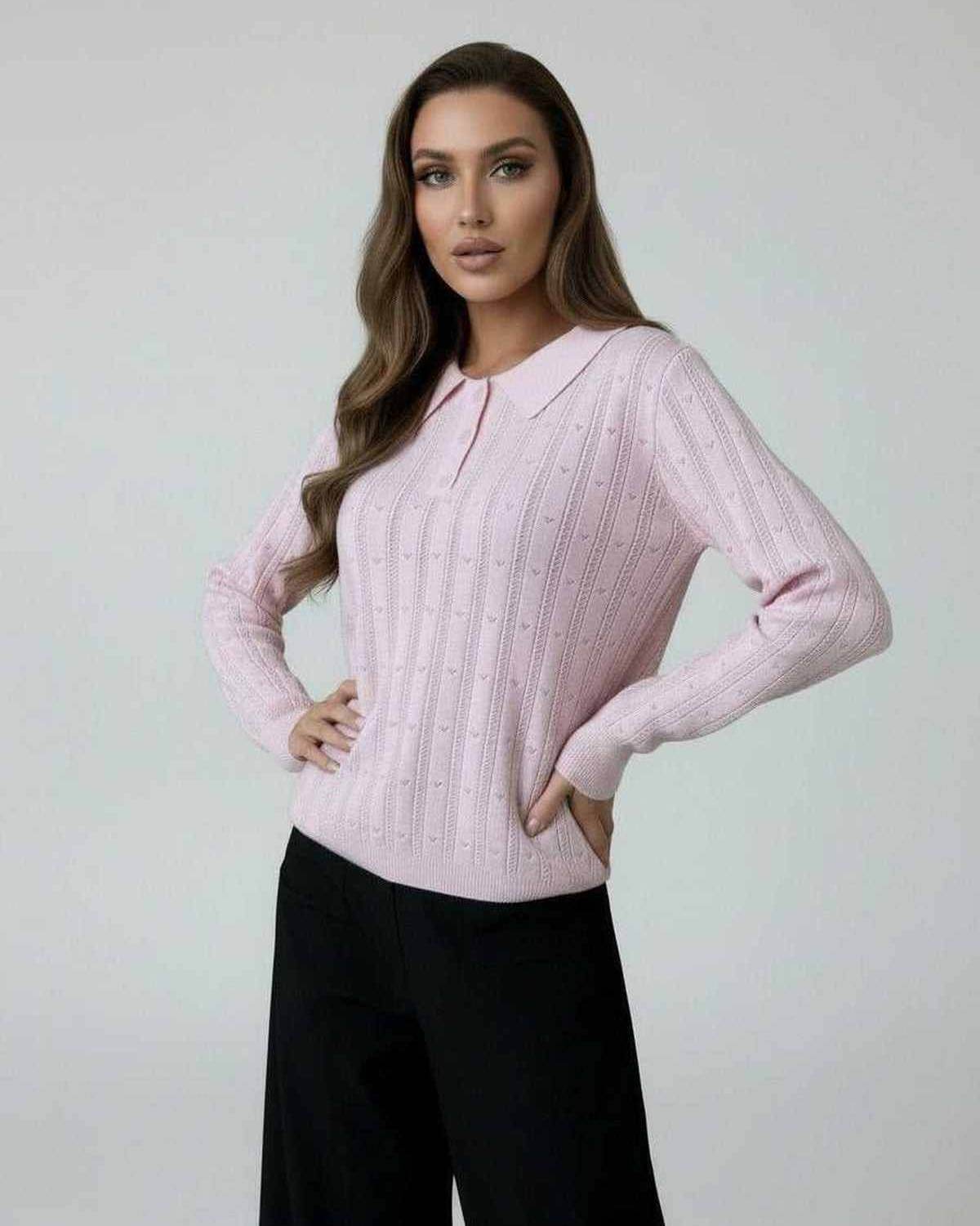 Elara Sweater by Lauven – Women’s pink collared knit sweater with elegant long sleeve texture.