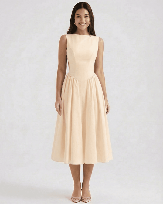 Elaria Midi Dress by Lauven - Soft A-Line Midi with Elegant Open Back, showcasing feminine elegance and modern silhouette.