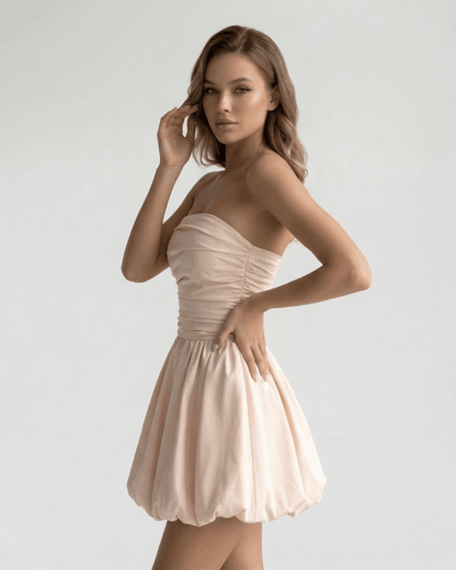 Soleil Mini Dress by Lauven, elegant beige strapless satin mini dress with A-line silhouette and soft sheen.