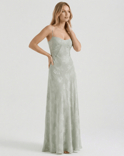 Eliara Maxi Dress by Lauven - Elegant floral print sheer maxi dress in sage-green with lace-up back.