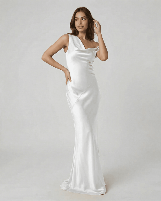 Elysia Maxi Dress by Lauven - Satin-effect, open back, sleeveless with elegant drape for elevated occasions.
