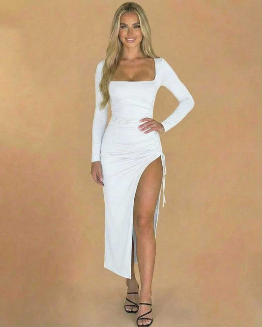 Elysia Midi Dress by Lauven - Square Neck Long Sleeve White Bodycon Midi Dress with Slit