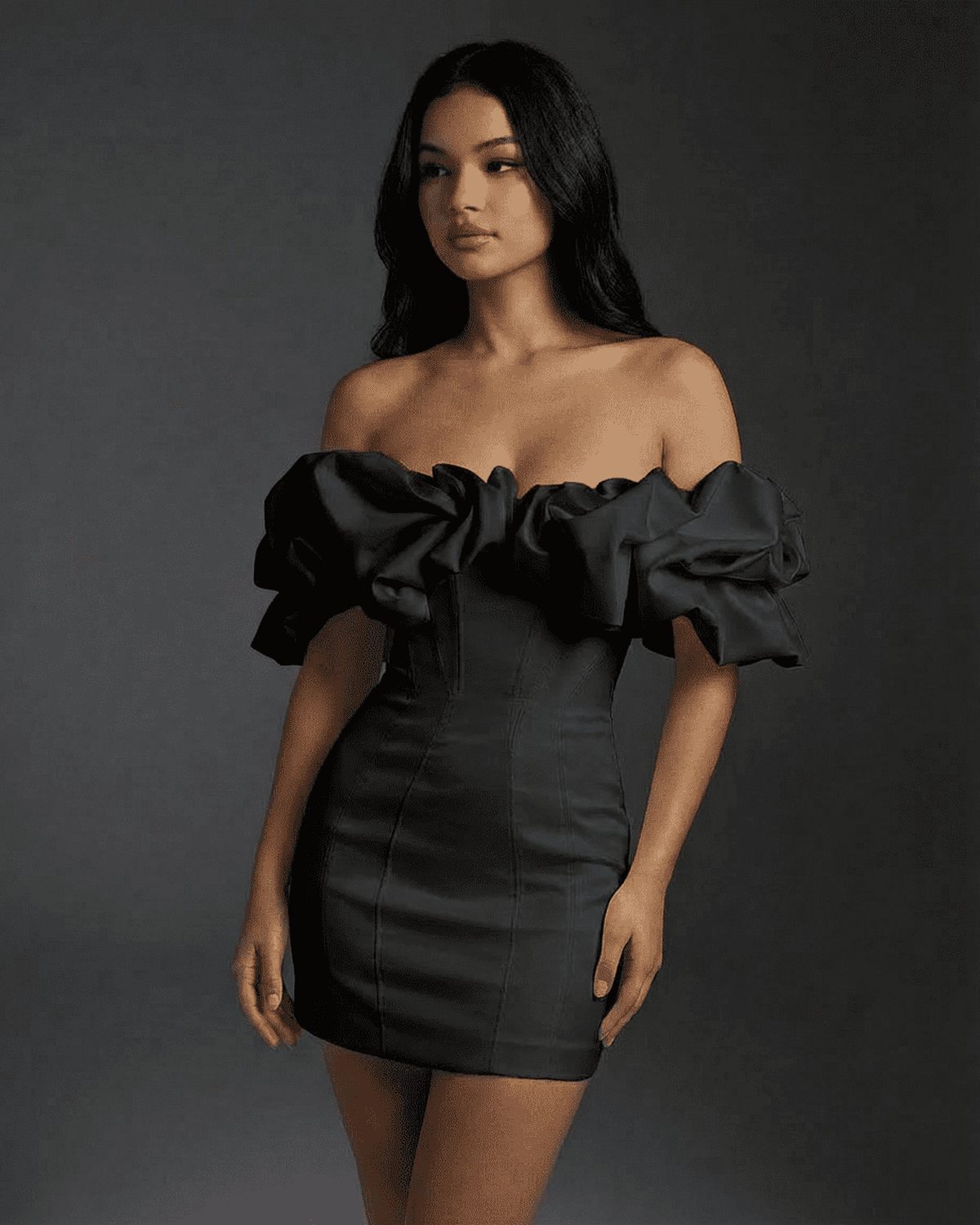 Elysia Mini Dress by Lauven featuring a dramatic off-the-shoulder silhouette and ruffle trim in classic black.