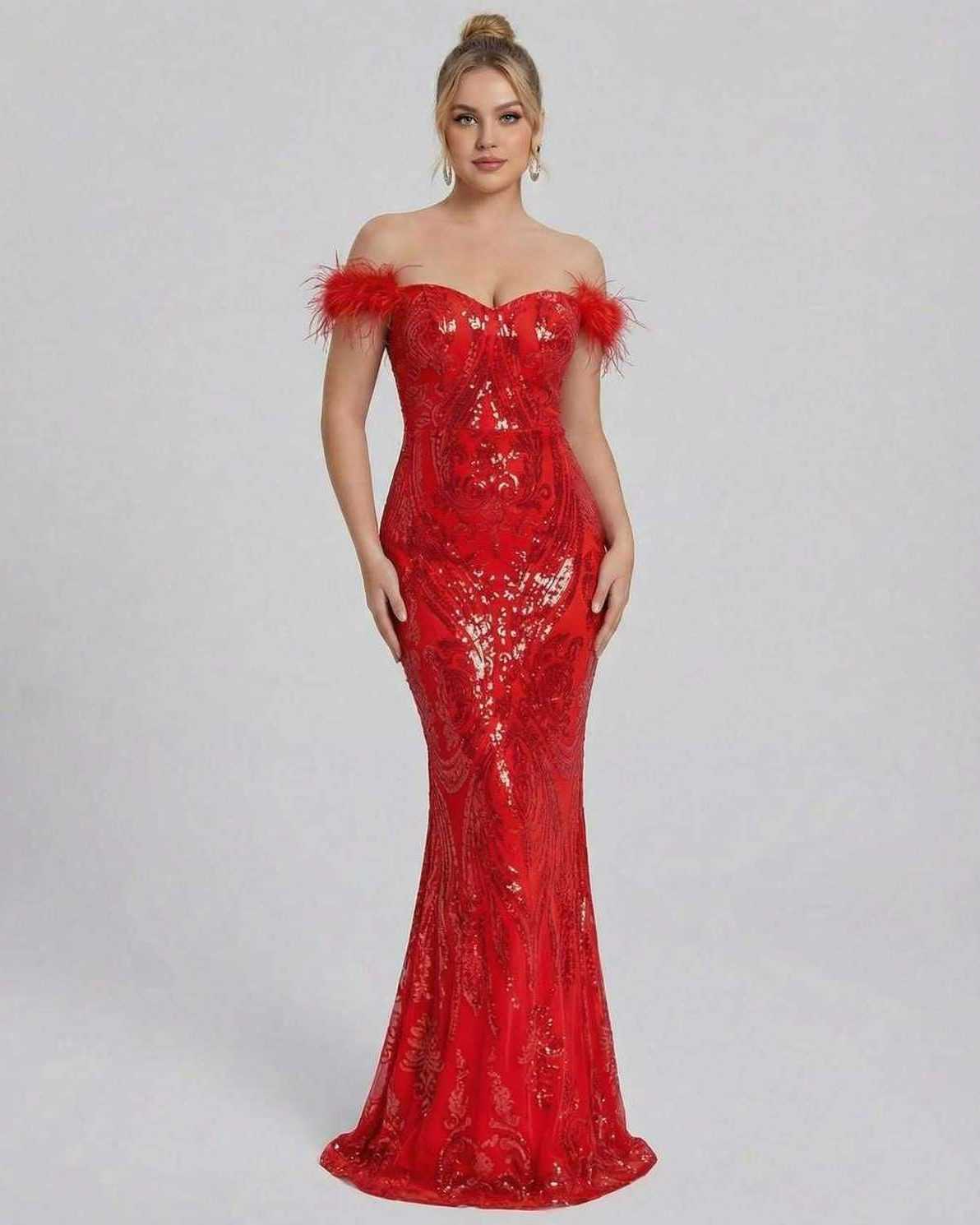 Lauven Ember Maxi Dress - Red Off-Shoulder Sequin Formal Maxi Dress showcasing vibrant red color and elegant fit.