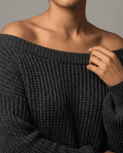 Ember Mini Dress by Lauven, featuring a ribbed knit off-the-shoulder neckline and cozy lantern sleeves.