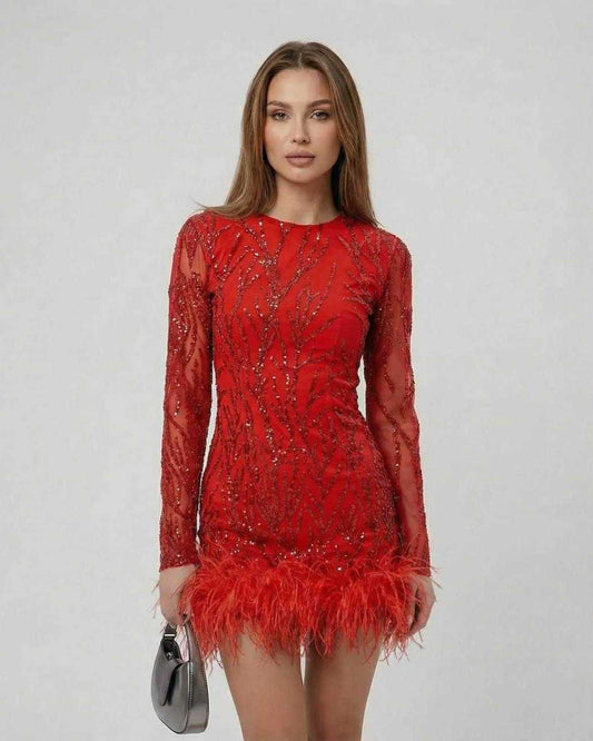 Ember Mini Dress by Lauven featuring red sequins and feather trim, perfect for making a bold fashion statement.