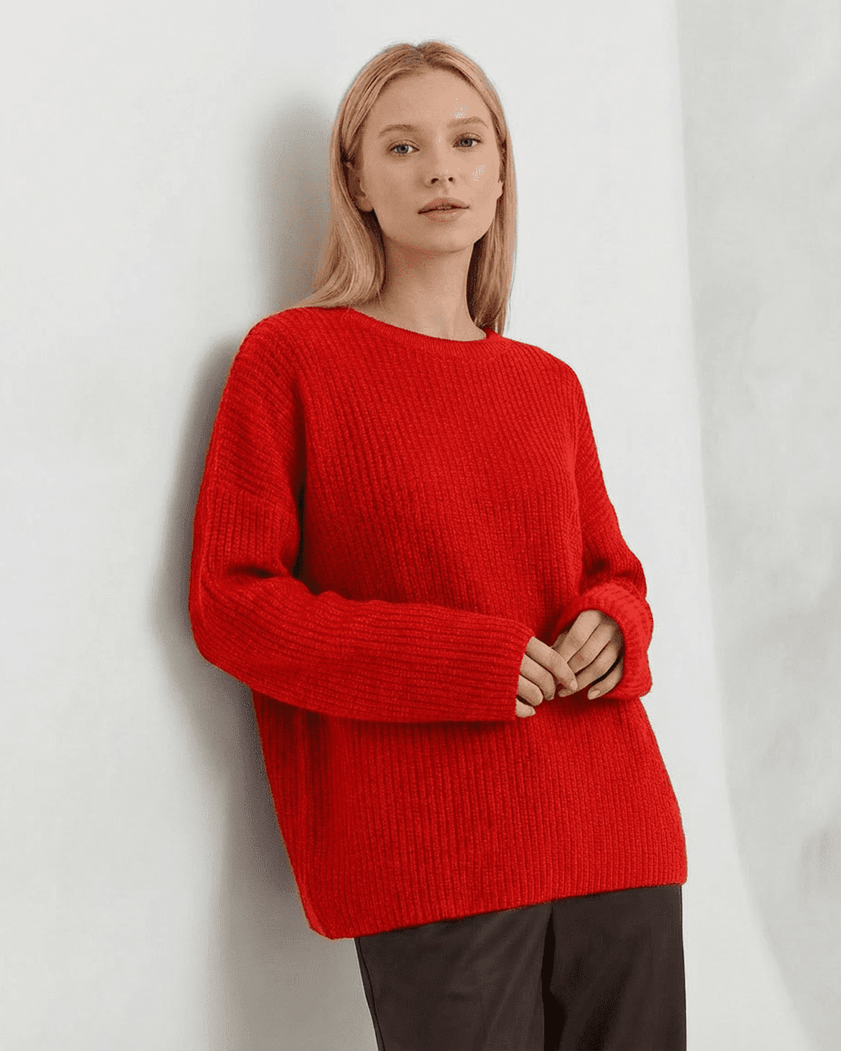 Ember Sweater by Lauven - Bold thick knit in vibrant red, perfect for fall and winter styling.