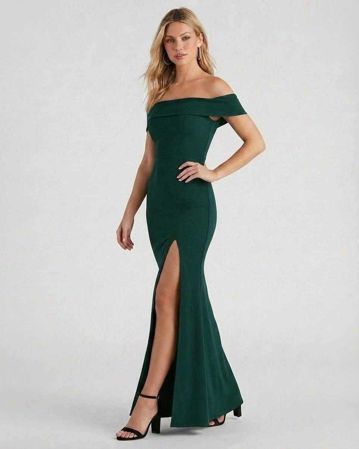 Emerald Maxi Dress by Lauven, elegant off-the-shoulder crepe knit dress with a high slit.