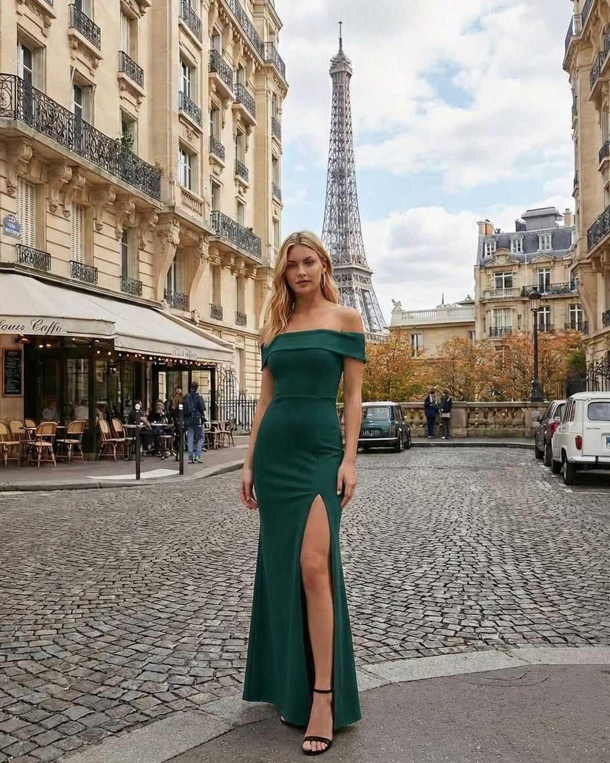 Emerald Maxi Dress by Lauven featuring an elegant off-the-shoulder design with a high slit in Paris.