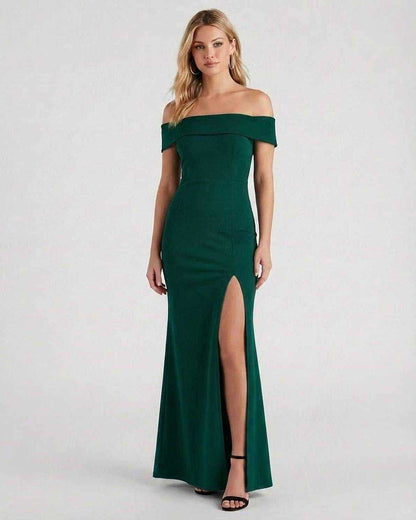 Emerald Maxi Dress by Lauven featuring a figure-flattering off-the-shoulder design and high slit.