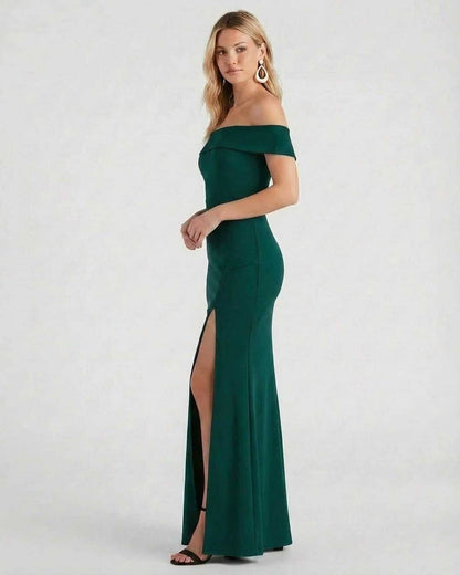 Emerald Maxi Dress by Lauven featuring an elegant off-the-shoulder design and stylish high slit.