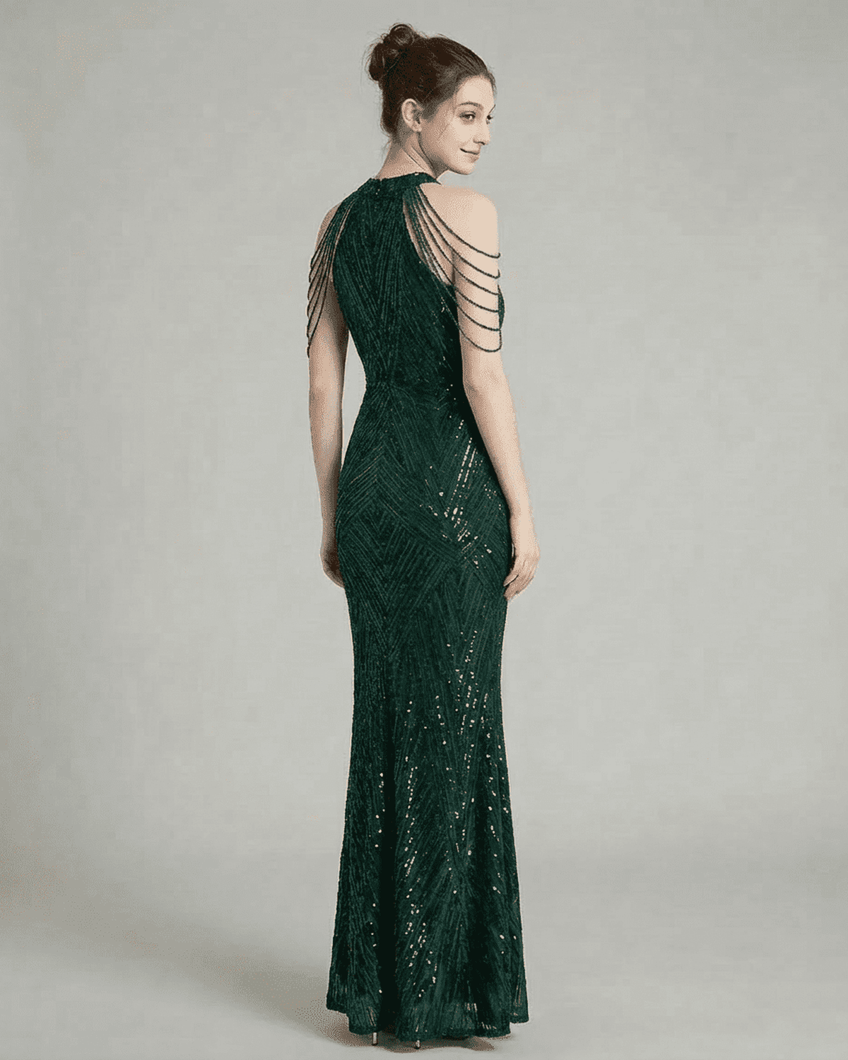 Emerald Maxi Dress by Lauven showcasing a stunning back view with elegant beaded shoulder drapes and sequin detailing.