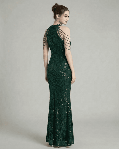 Emerald Maxi Dress by Lauven showcasing a stunning back view with elegant beaded shoulder drapes and sequin detailing.