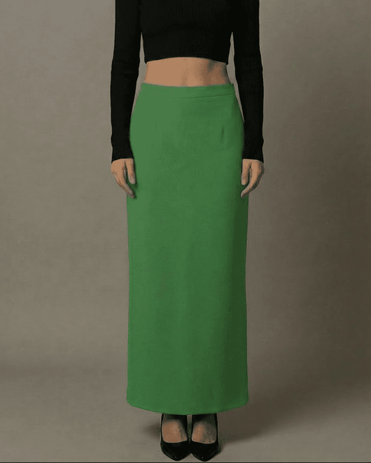 Emerald Maxi Skirt by Lauven, high-waisted style with a smooth green fabric and elegant slit for modern sophistication.