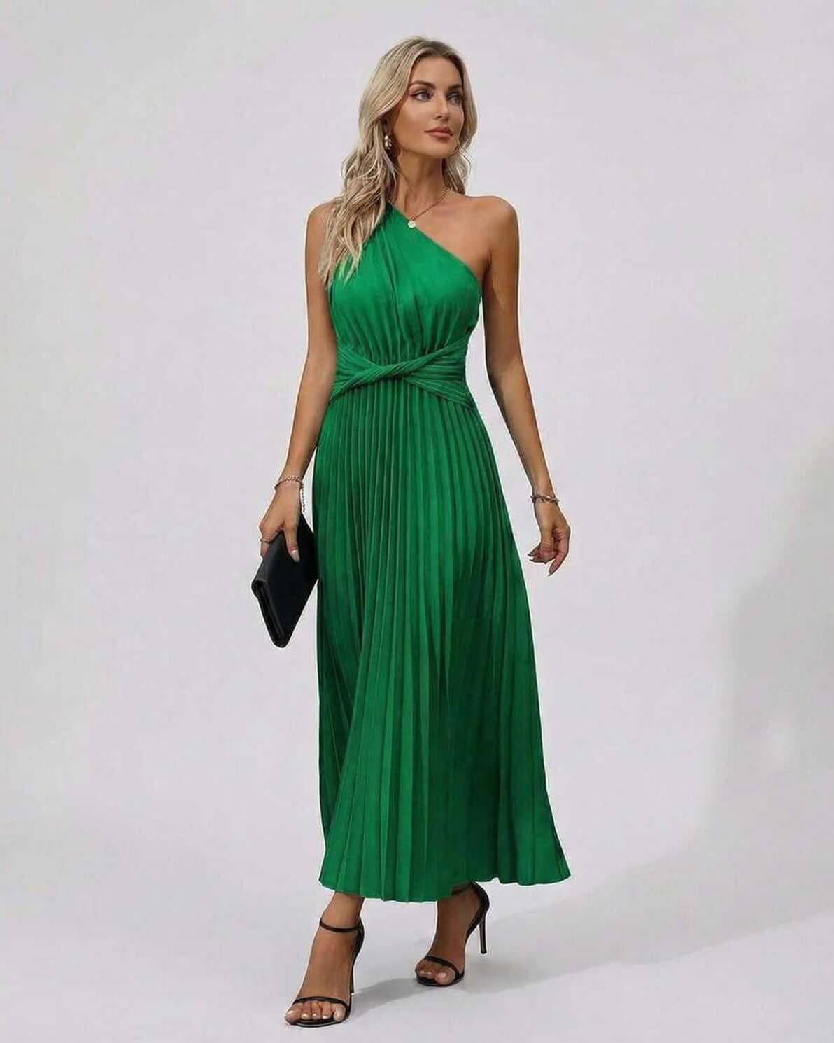 Emerald Midi Dress by Lauven featuring one shoulder twist front and pleated hem in green, perfect for elegant occasions.