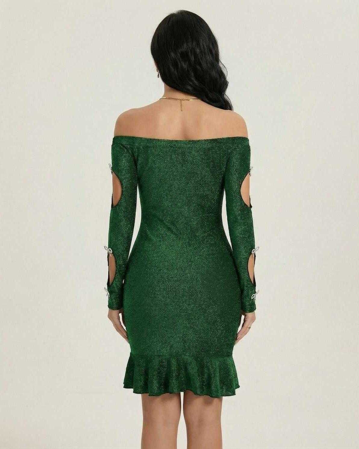 Emerald Mini Dress by Lauven, off-the-shoulder bodycon with elegant cutouts and shimmer detail, stylish back view.