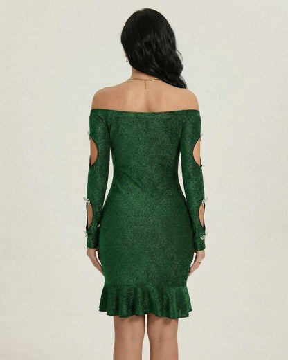 Emerald Mini Dress by Lauven, off-the-shoulder bodycon with elegant cutouts and shimmer detail, stylish back view.