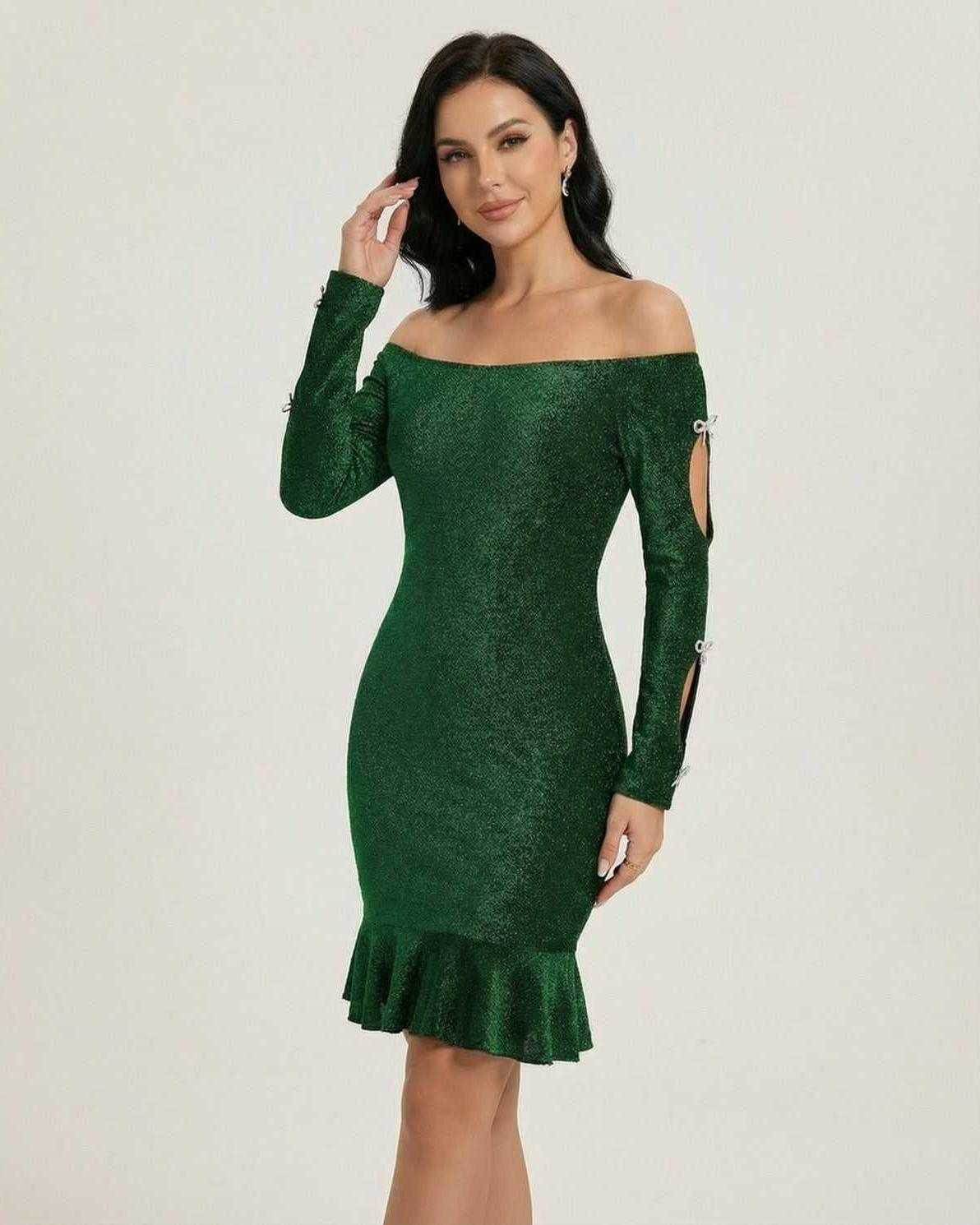 Emerald Mini Dress by Lauven - Stunning off-the-shoulder bodycon style with cutout details and elegant shimmer.