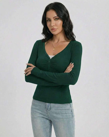 Emerald Pullover by Lauven – Women’s Slim Fit V-Neck Long Sleeve Pullover with Button Detail in green.