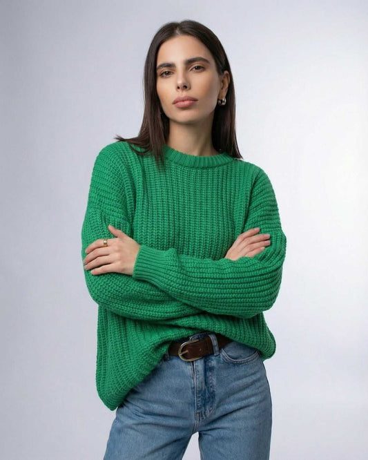Emerald Sweater by Lauven, relaxed ribbed knit, vibrant green color, perfect for casual styling.