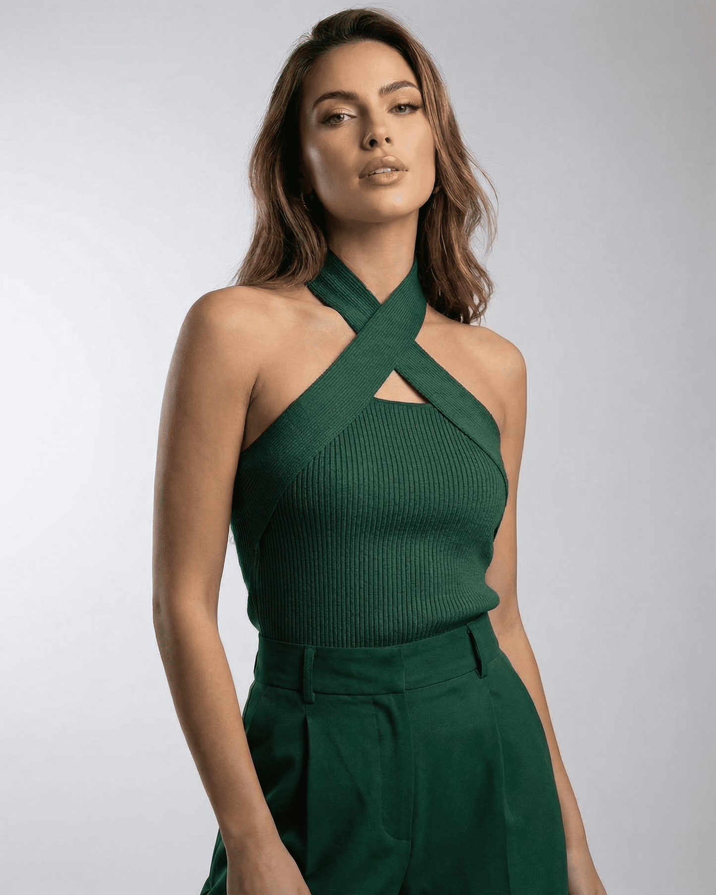 Emerald Top by Lauven, showcasing a modern ribbed halter design in elegant green.