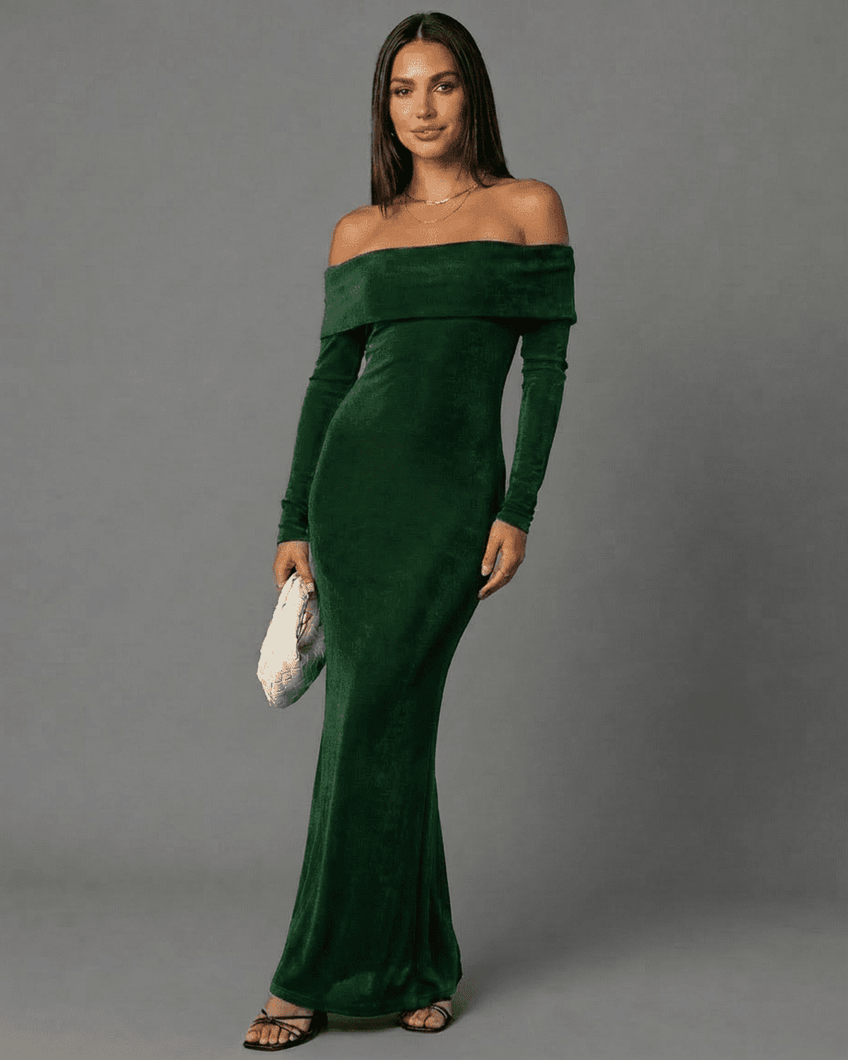 Emeralda Maxi Dress by Lauven - Off-Shoulder Velvet Silhouette with Long Sleeves in Rich Green.
