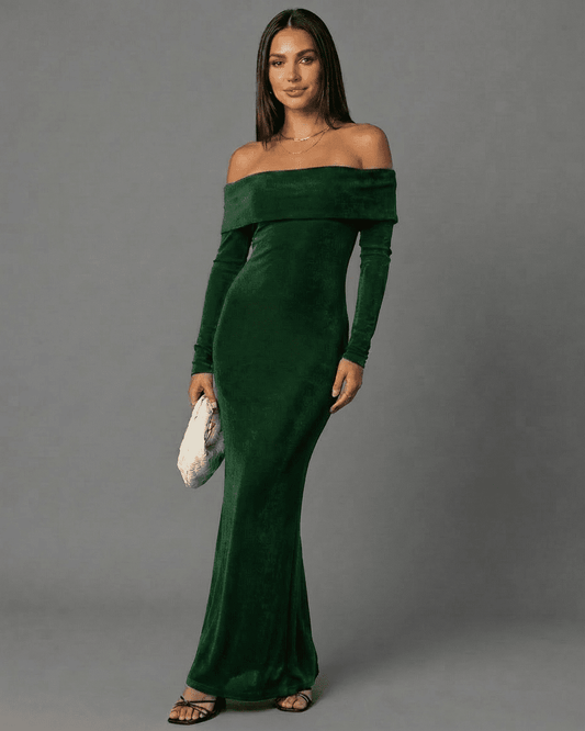 Emeralda Maxi Dress by Lauven - Off-Shoulder Velvet Silhouette with Long Sleeves in Rich Green.